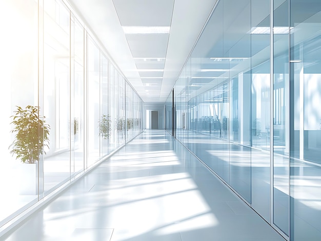 Abstract office corridor with glass partitions and a reflective turquoise floor under bright ceiling lights