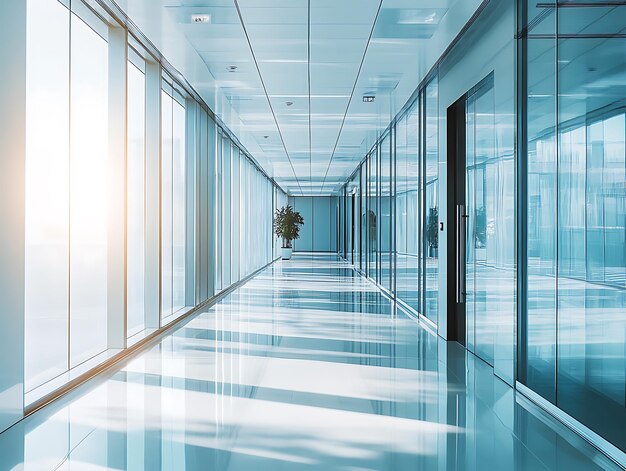 Abstract office corridor with glass partitions and a reflective turquoise floor under bright ceiling lights