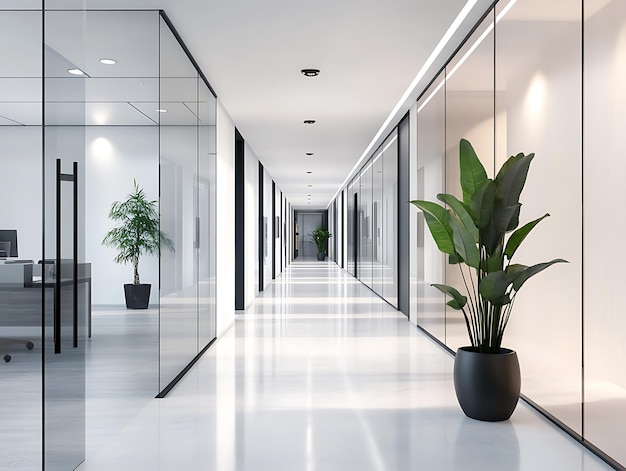 Abstract office corridor with glass partitions and a reflective turquoise floor under bright ceiling lights