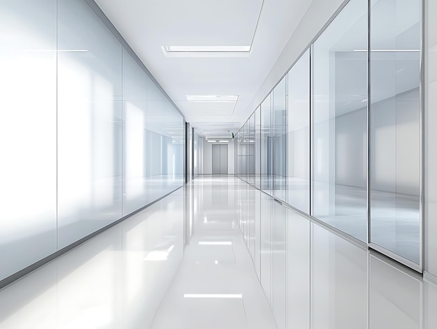 Abstract office corridor with glass partitions and a reflective turquoise floor under bright ceiling lights