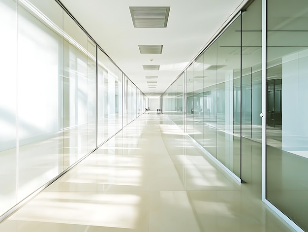 Abstract office corridor with glass partitions and a reflective turquoise floor under bright ceiling lights