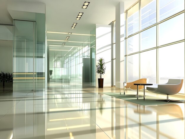 Abstract office corridor with glass partitions and a reflective turquoise floor under bright ceiling lights