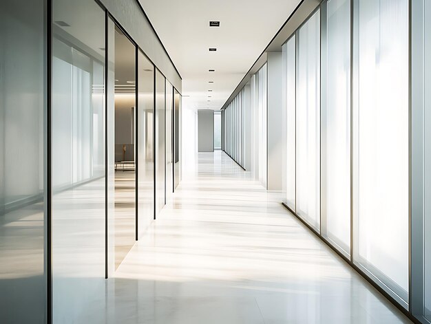 Abstract office corridor with glass partitions and a reflective turquoise floor under bright ceiling lights