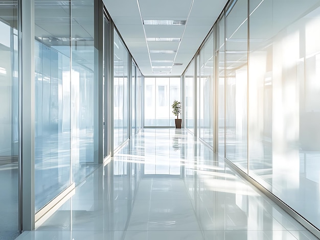 Abstract office corridor with glass partitions and a reflective turquoise floor under bright ceiling lights