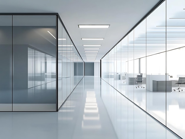 Abstract office corridor with glass partitions and a reflective turquoise floor under bright ceiling lights