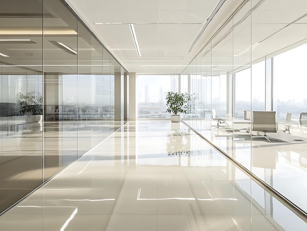 Abstract office corridor with glass partitions and a reflective turquoise floor under bright ceiling lights