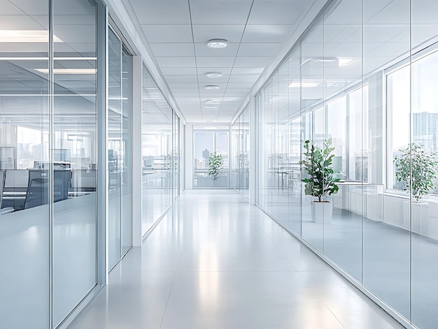 Abstract office corridor with glass partitions and a reflective turquoise floor under bright ceiling lights