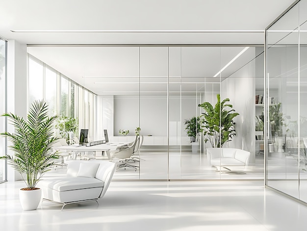 Abstract office interior featuring glass walls a clean minimalist design and sleek modern furnishings