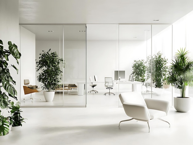 Abstract office interior featuring glass walls a clean minimalist design and sleek modern furnishings