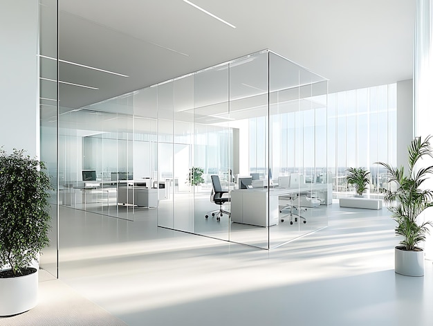 Abstract office interior featuring glass walls a clean minimalist design and sleek modern furnishings