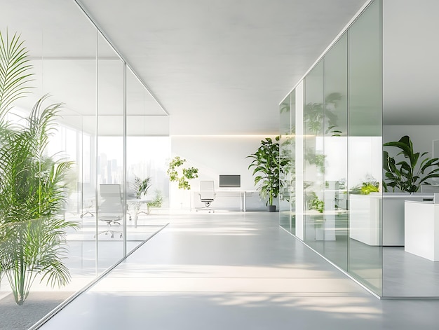 Abstract office interior featuring glass walls a clean minimalist design and sleek modern furnishings