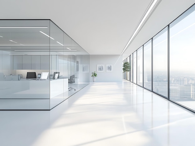 Photo abstract office interior featuring glass walls a clean minimalist design and sleek modern furnishings