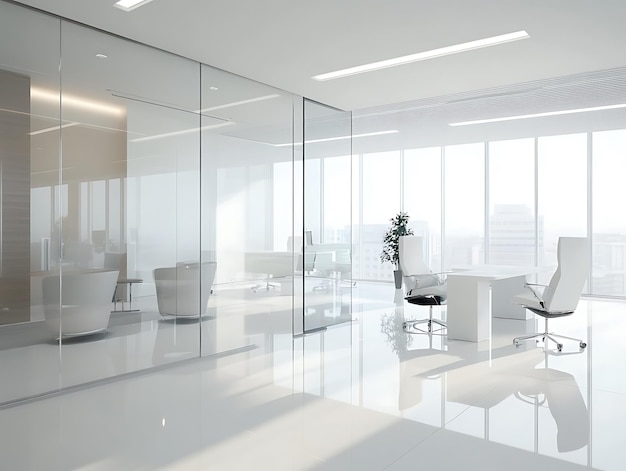 Abstract office interior featuring glass walls a clean minimalist design and sleek modern furnishings