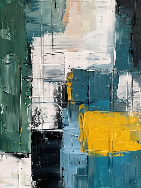 abstract oil painting on canvas with brushstrokes of yellow green white and black colors