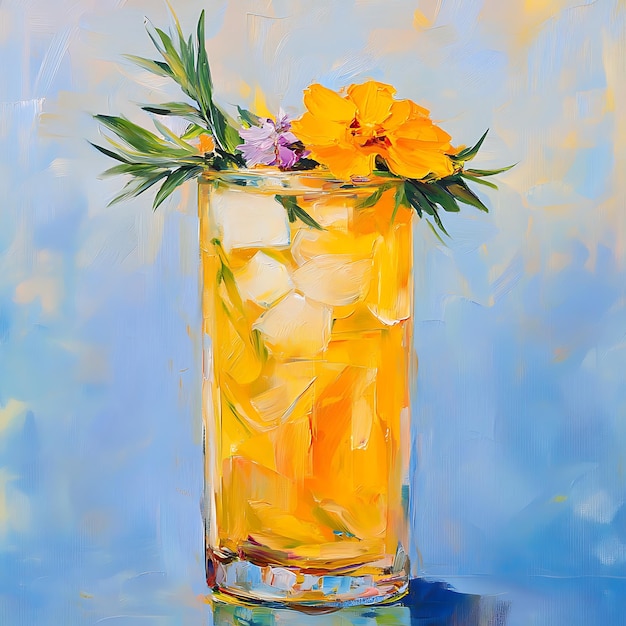 Abstract Oil Painting of a Cocktail with Flowers