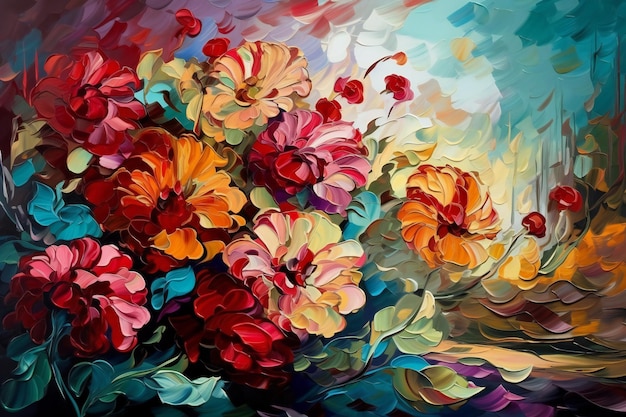 Abstract oil painting of flowers in a modern style Colorful floral background