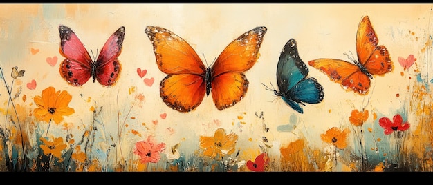 Abstract Oil Painting of Four Butterflies in a Field of Flowers