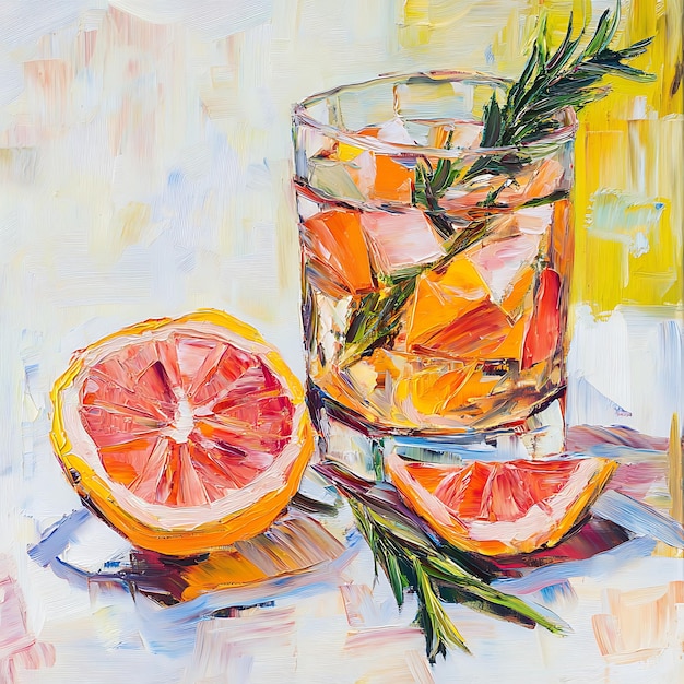 Abstract Oil Painting of a Glass of Citrus Drink with Rosemary