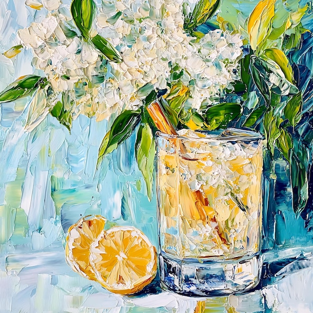 Abstract Oil Painting of a Glass of Lemonade with Lemon and Flowers