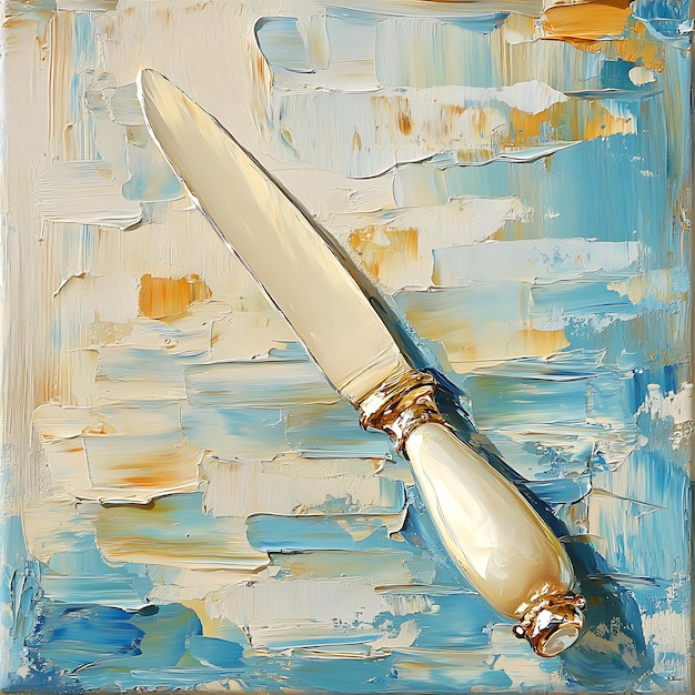 Abstract Oil Painting of a Knife on a Blue and Beige Background