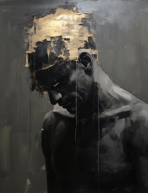 Abstract oil painting of a man's face in black and gold