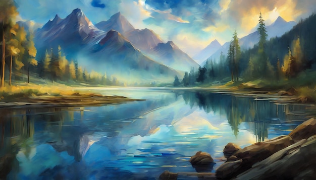 Abstract oil painting of scenery with mountains lake and wild forest Natural landscape