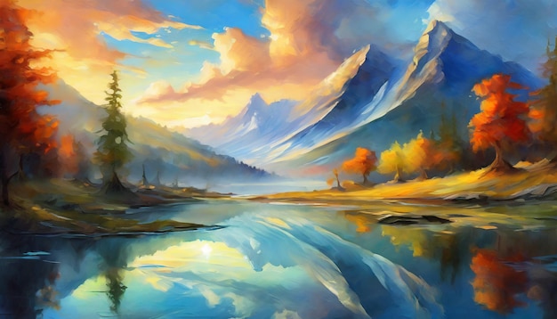 Abstract oil painting of scenery with mountains lake and wild forest Natural landscape