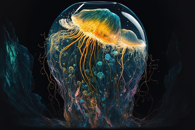 Abstract oil painting of undersea jellyfish in inverted colors