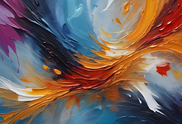 Abstract Oil Painting With Blue Orange and Red Swirls