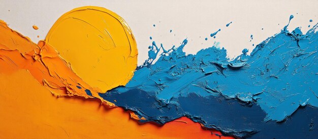 Photo abstract oil painting with blue and yellow strokes on canvas