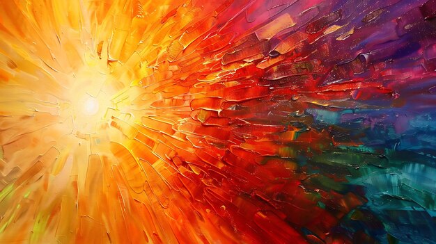 Abstract oil painting with bright colors in shades of yellow orange red and blue