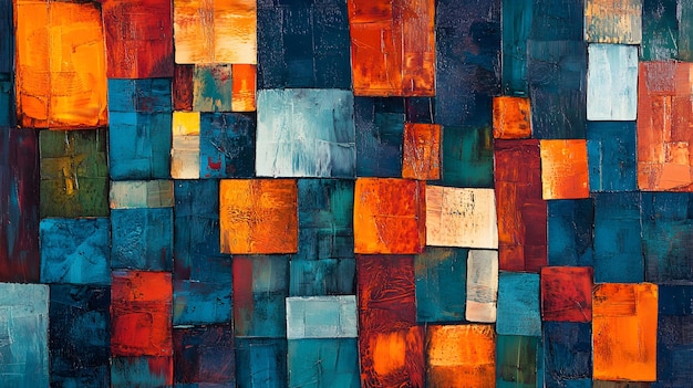 Abstract Oil Painting with Geometric Shapes in Blue Red and Orange Hues