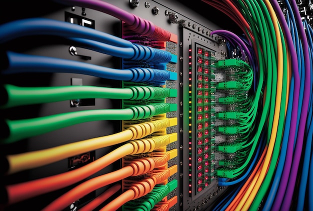 Abstract olorful network panel switch and cable in data center Generative AI