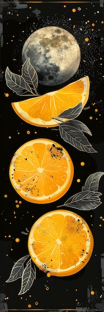 Abstract Orange Slices and Moon on Black Background