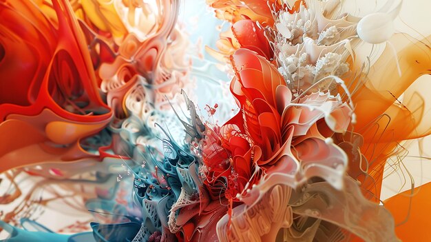 Abstract organic forms in bright warm colors The shapes are reminiscent of coral flames and flowers