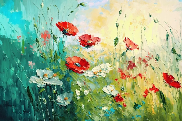 Abstract painterly painting with wild flower meadow