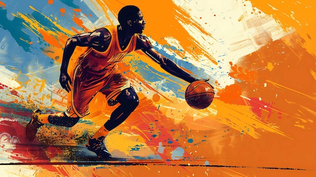 An abstract painting of a basketball player dribbling the ball