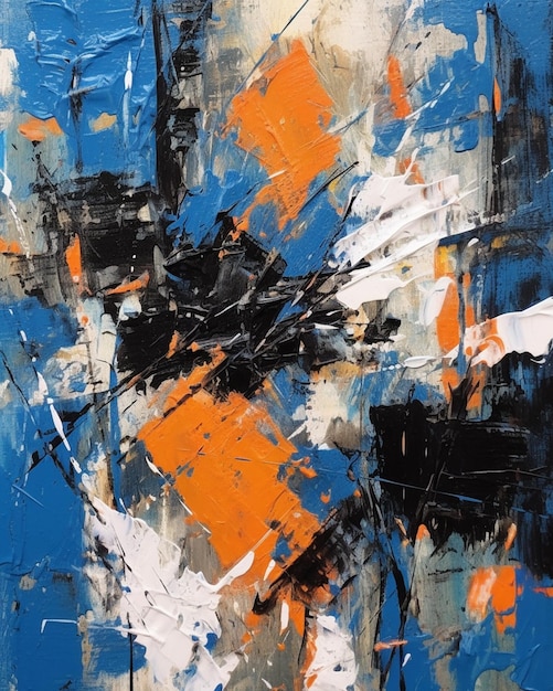 Abstract painting of a blue and orange painting with white and black paint generative ai