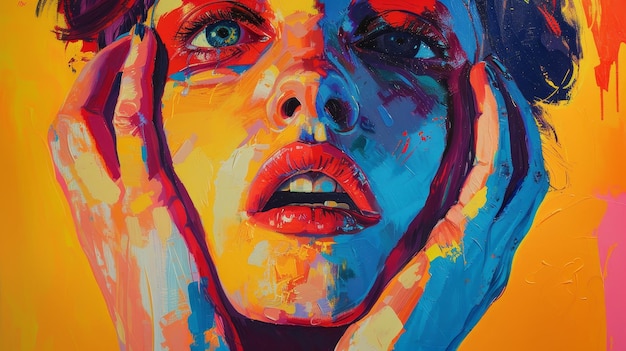 Abstract painting capturing a woman39s emotional expression with hands on face against a vibrant