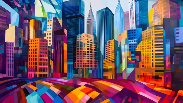 Photo abstract painting of a cityscape with vivid colors and geometric shapes