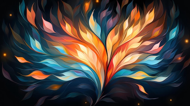 an abstract painting of colorful flames on a black background