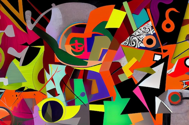 Abstract painting consisting of chaotic multicoloured bright various shapes and figures separated