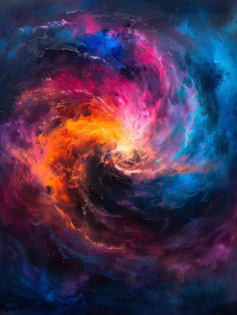 Photo an abstract painting depicting a cosmic vortex with vibrant swirls of blue orange pink and p