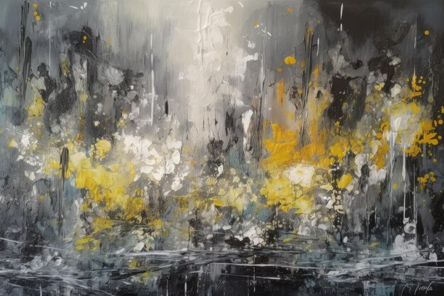 An abstract painting featuring bold yellow and black colors