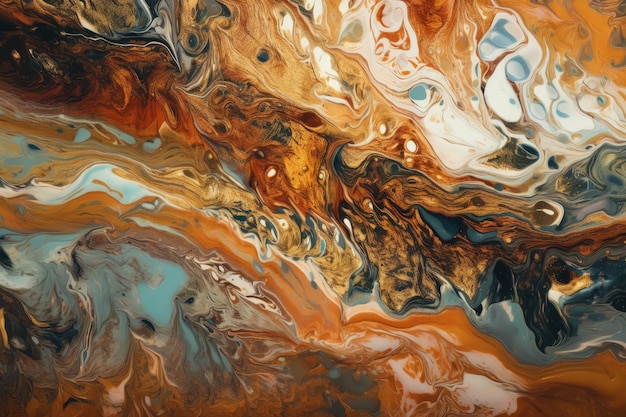 An abstract painting featuring brown blue and yellow colors in a closeup view Generative AI