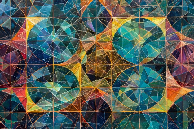 An abstract painting featuring a multitude of colors and shapes intersecting in a dynamic composition A geometric pattern of interconnected lines and shapes