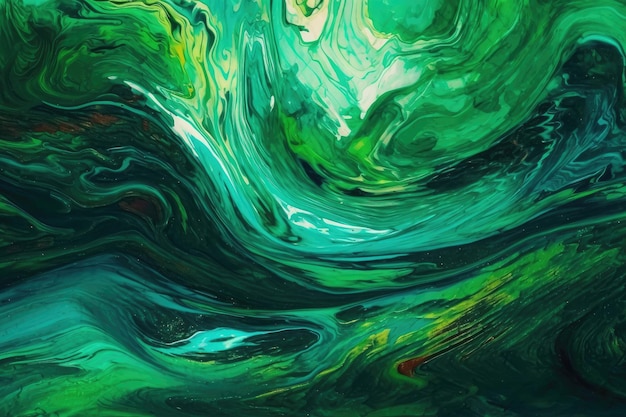 An abstract painting featuring shades of green and blue