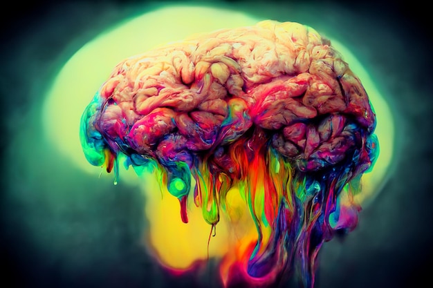 Abstract painting Humans brain in acid colors 2D illustration