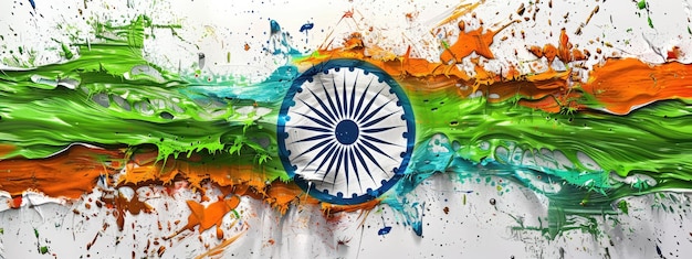 abstract painting of the Indian flag on a white background with splash paint and splashes 3d render 4D rendering in the style of hyper realistic with vibrant colors brush strokes