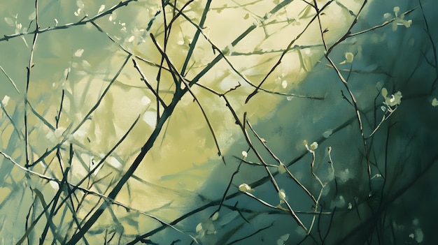 Photo abstract painting of intertwined branches and soft blooms